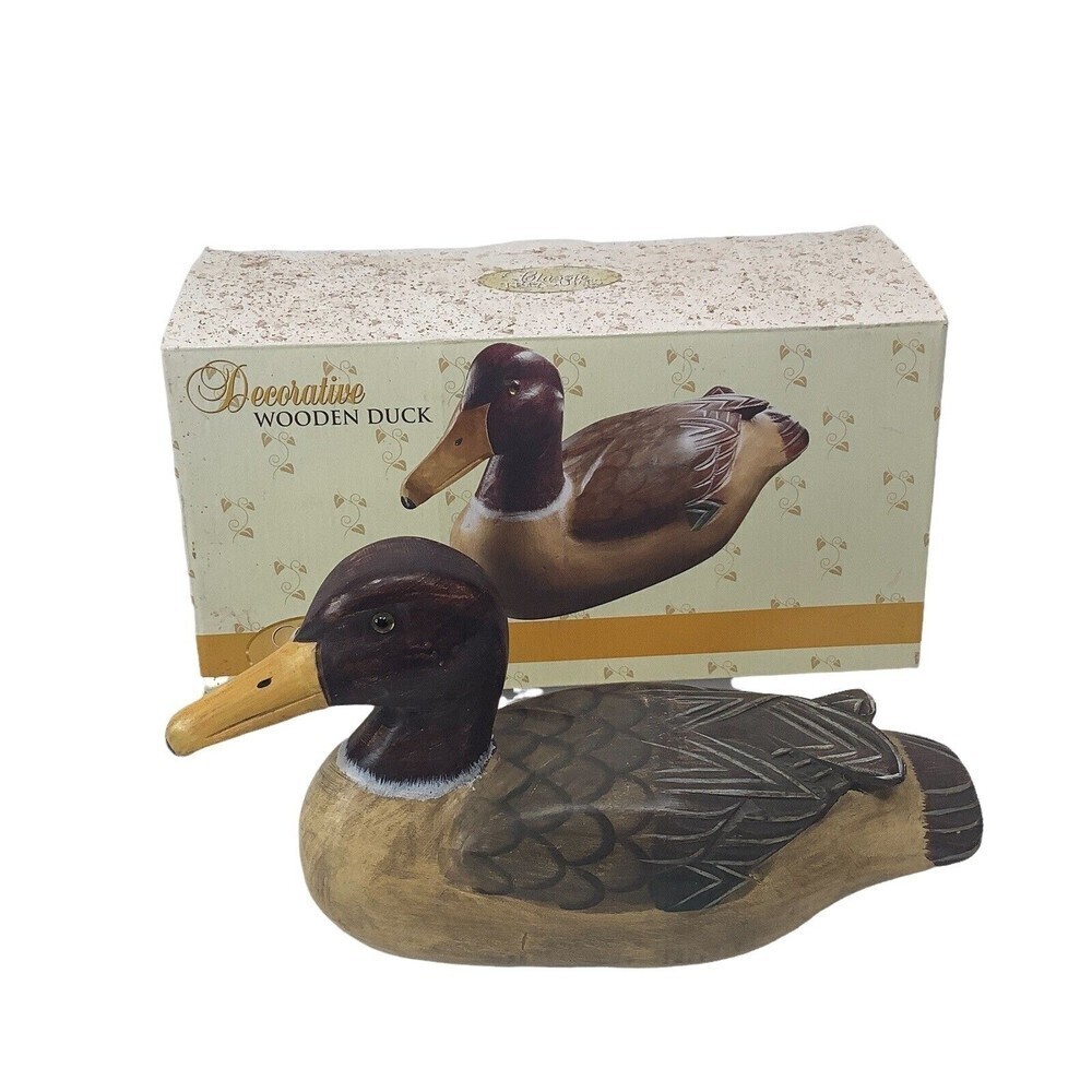 Vintage Decorative Solid Wooden Duck Decoy Glass Eyes Mallard 11.5 inches w/ box